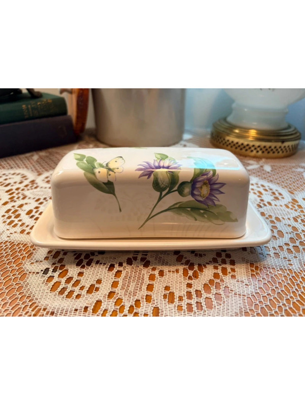 Pfaltzgraff Portfolio Dahlia Covered Butter Dish Floral Butterfly USA
